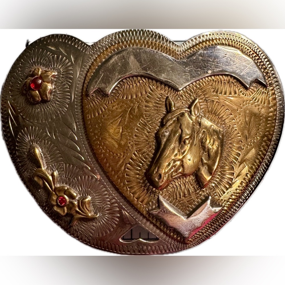 Western Flair hand made horse, heart red gem floral silver and gold belt buckle